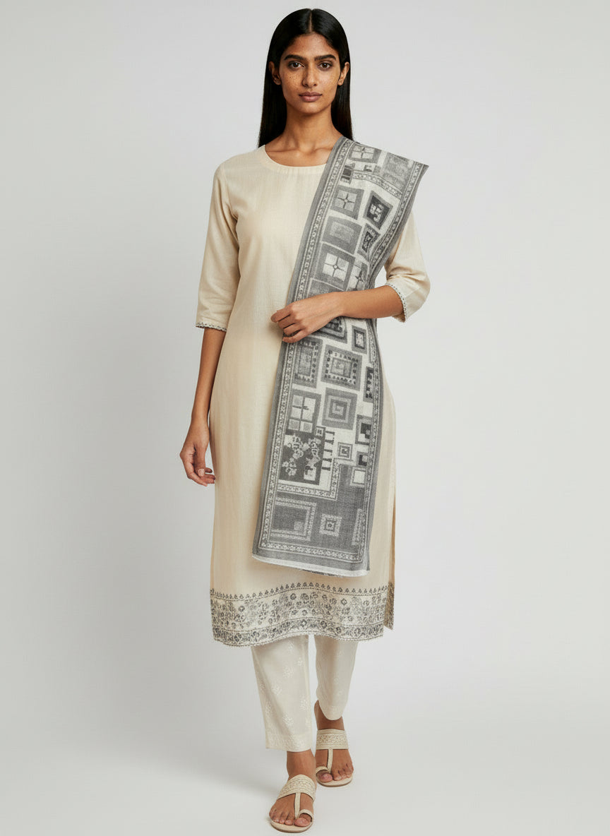 Elegant Beige Cotton Kurta Set with Printed Dupatta for Women