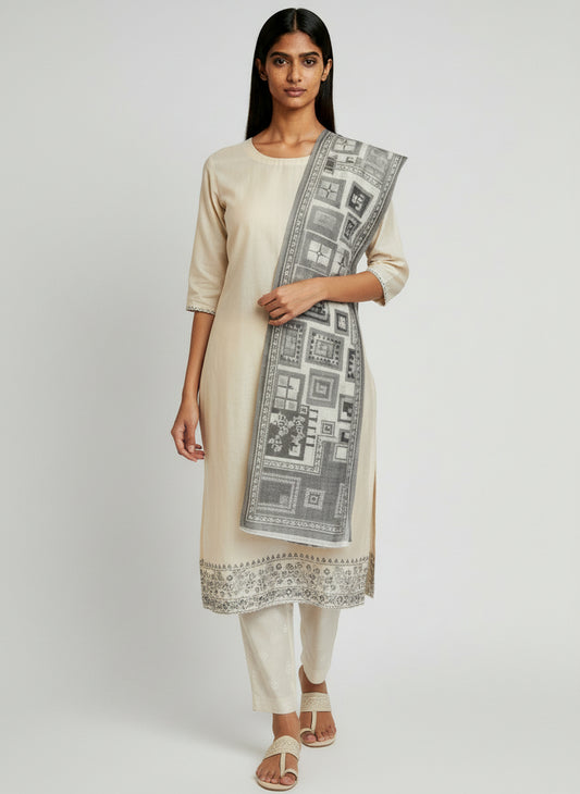Elegant Beige Cotton Kurta Set with Printed Dupatta for Women