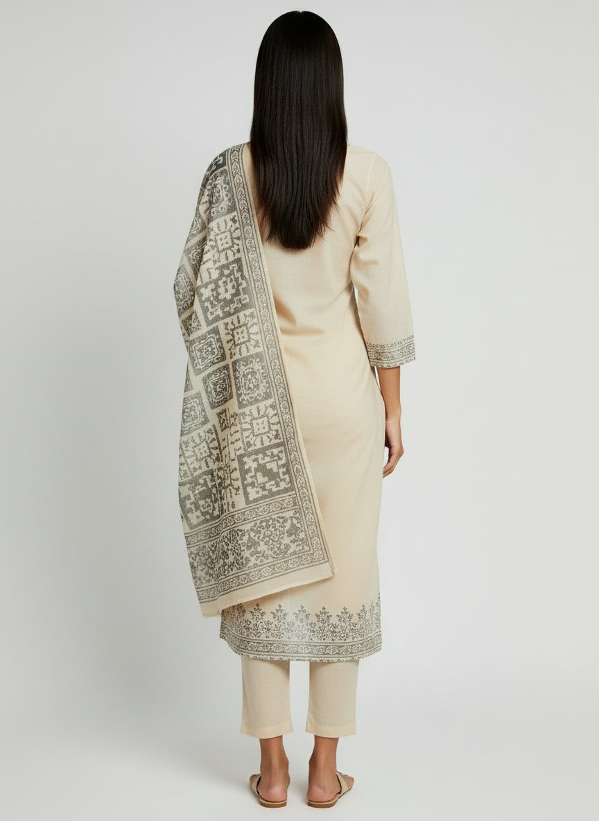 Elegant Beige Cotton Kurta Set with Printed Dupatta for Women