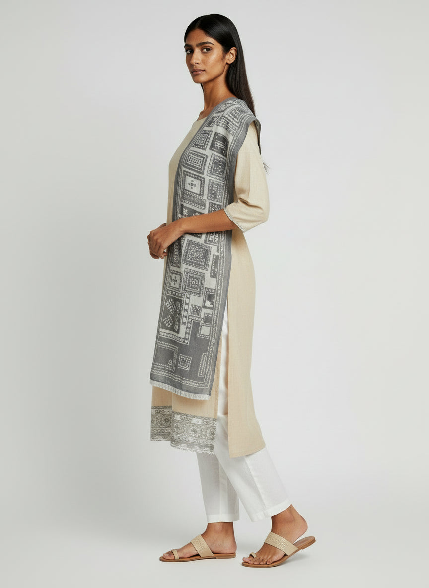 Elegant Beige Cotton Kurta Set with Printed Dupatta for Women