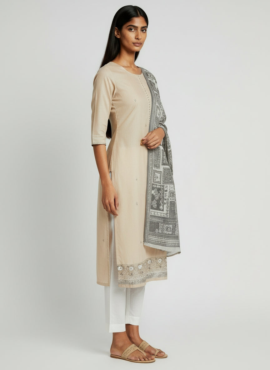 Elegant Beige Cotton Kurta Set with Printed Dupatta for Women