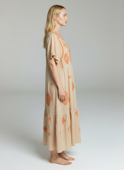 Beige Embroidered Boho Maxi Dress – Ethnic Print Relaxed Fit Summer Dress for Women