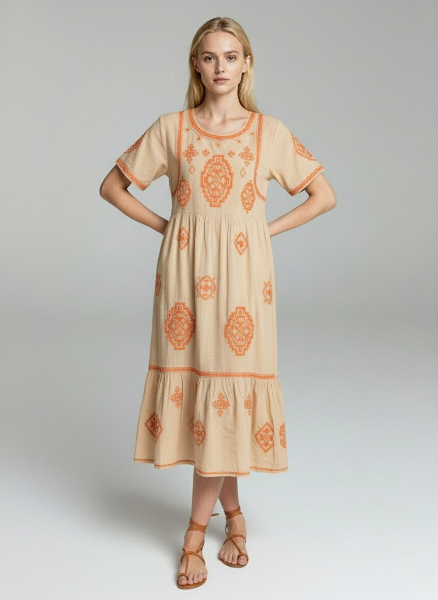 Beige Embroidered Boho Maxi Dress – Ethnic Print Relaxed Fit Summer Dress for Women