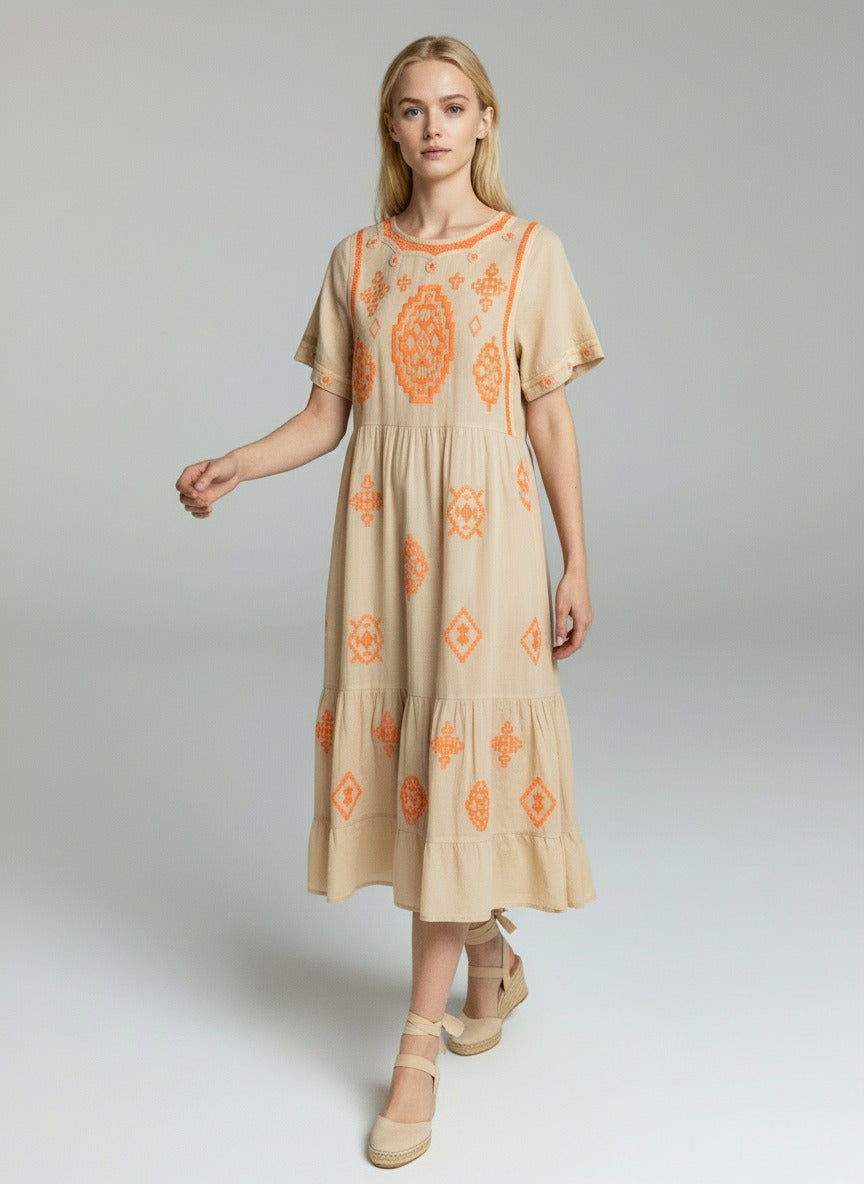 Beige Embroidered Boho Maxi Dress – Ethnic Print Relaxed Fit Summer Dress for Women