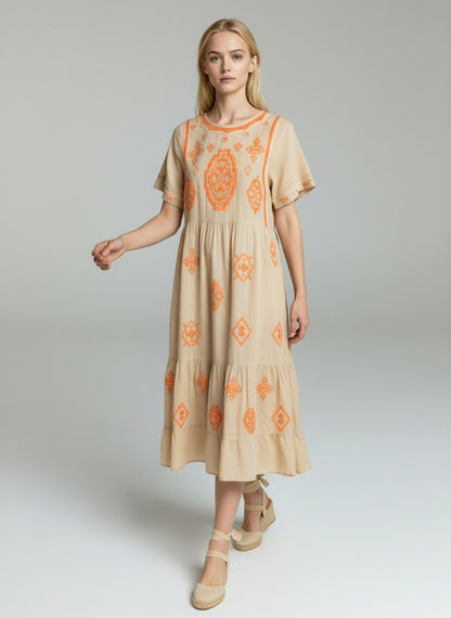Beige Embroidered Boho Maxi Dress – Ethnic Print Relaxed Fit Summer Dress for Women