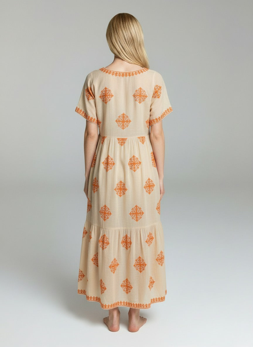 Beige Embroidered Boho Maxi Dress – Ethnic Print Relaxed Fit Summer Dress for Women