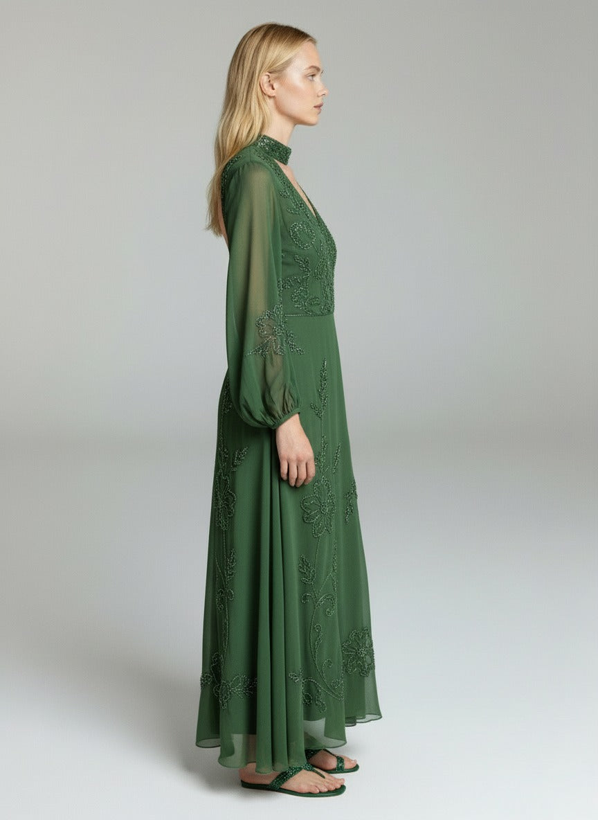 Elegant Emerald Green Embroidered Maxi Dress – V-Neck Sheer Sleeve Evening Gown