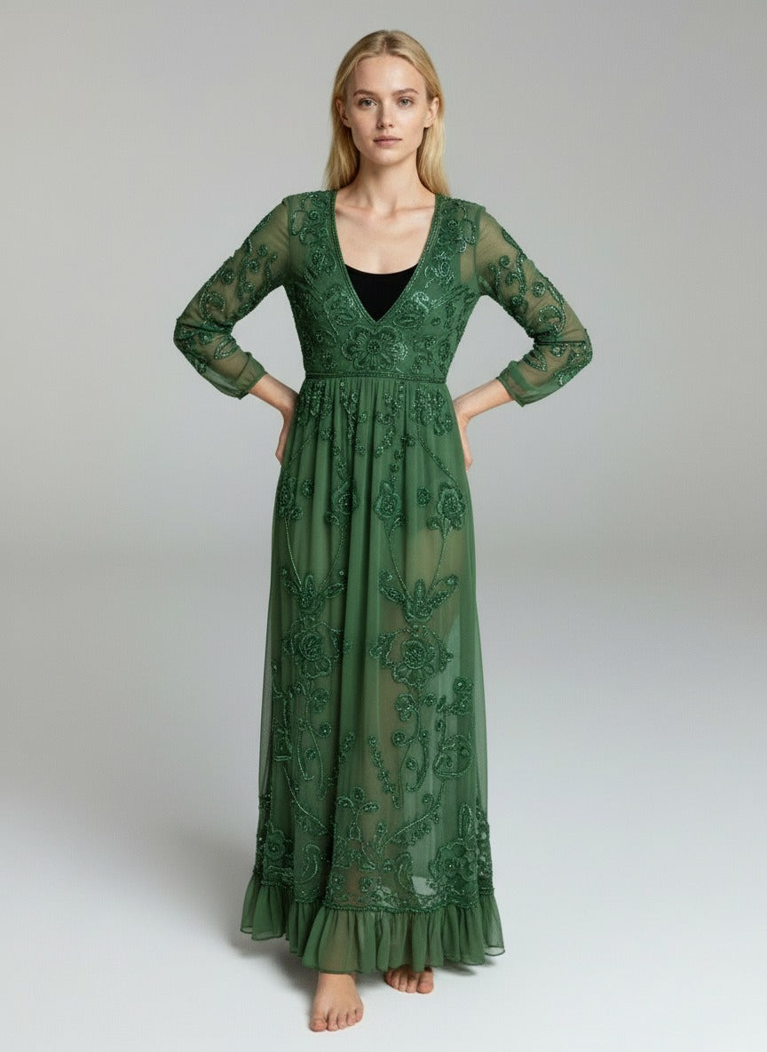Elegant Emerald Green Embroidered Maxi Dress – V-Neck Sheer Sleeve Evening Gown