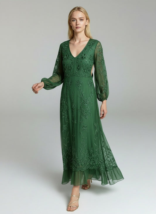 Elegant Emerald Green Embroidered Maxi Dress – V-Neck Sheer Sleeve Evening Gown