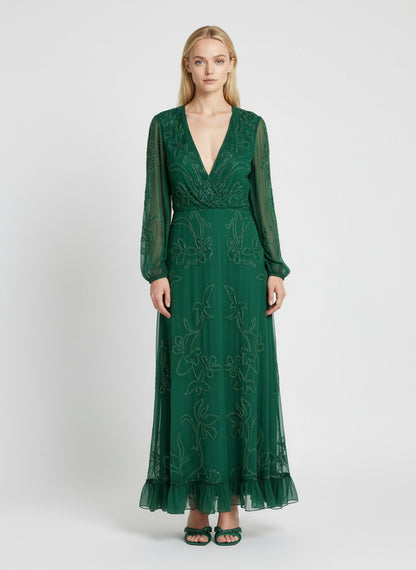 Elegant Emerald Green Embroidered Maxi Dress – V-Neck Sheer Sleeve Evening Gown