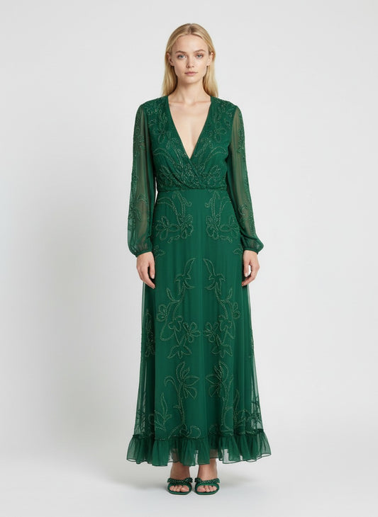 Elegant Emerald Green Embroidered Maxi Dress – V-Neck Sheer Sleeve Evening Gown