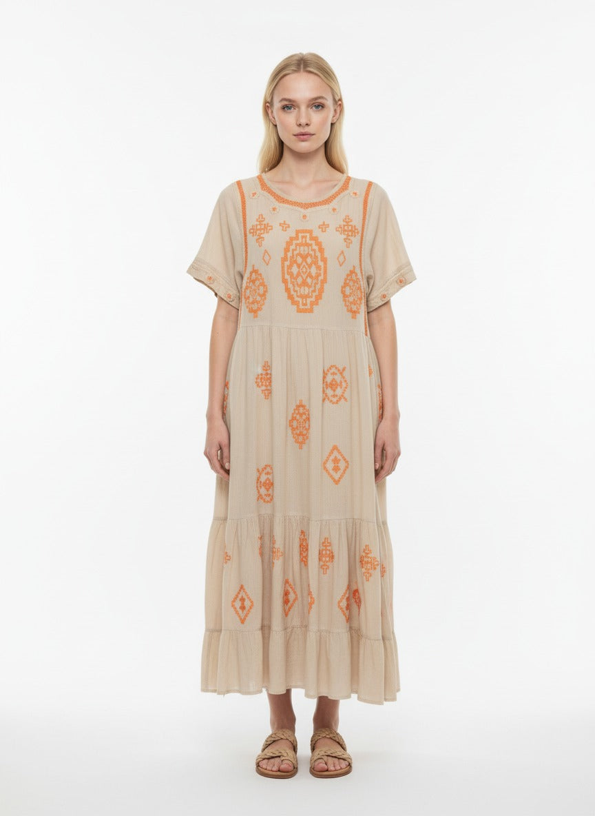Beige Embroidered Boho Maxi Dress – Ethnic Print Relaxed Fit Summer Dress for Women