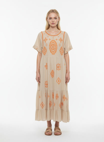 Beige Embroidered Boho Maxi Dress – Ethnic Print Relaxed Fit Summer Dress for Women