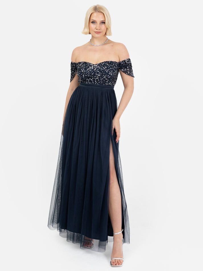 Navy Sequin Off-Shoulder Party Gown with Slit
