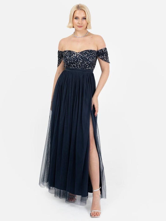 Navy Sequin Off-Shoulder Party Gown with Slit