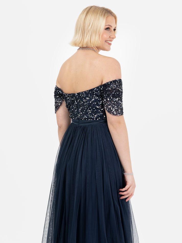 Navy Sequin Off-Shoulder Party Gown with Slit
