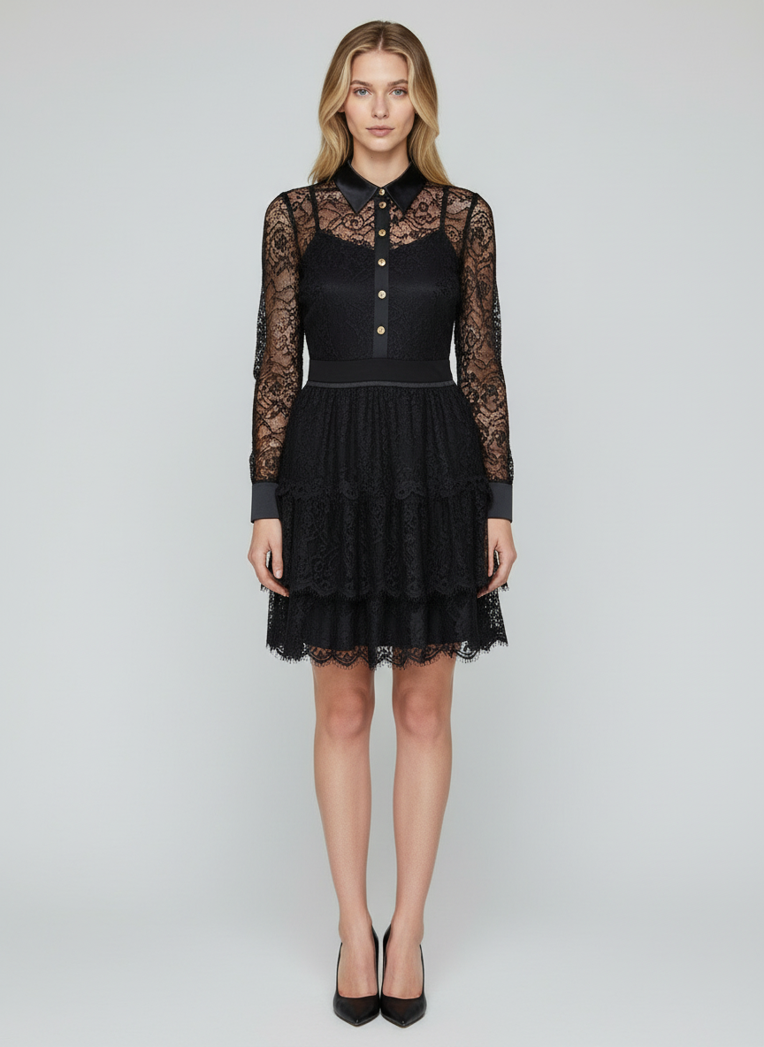 Elegant Black Lace Shirt Collar Mini Dress for Women | Long Sleeve Party Wear Dress