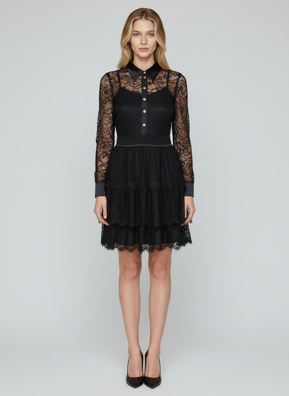Elegant Black Lace Shirt Collar Mini Dress for Women | Long Sleeve Party Wear Dress