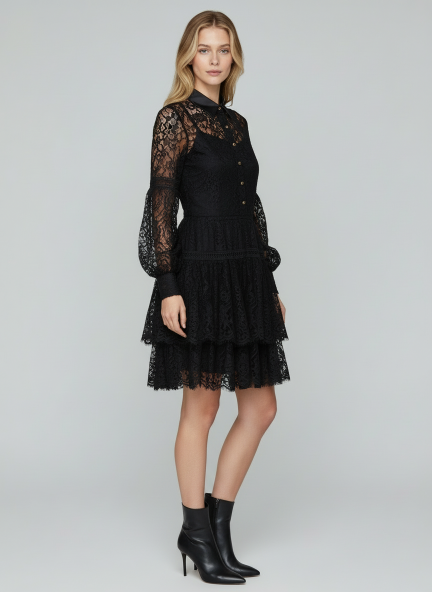 Elegant Black Lace Shirt Collar Mini Dress for Women | Long Sleeve Party Wear Dress