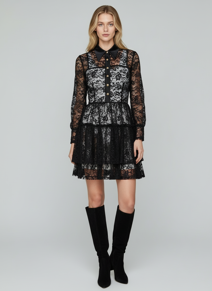 Elegant Black Lace Shirt Collar Mini Dress for Women | Long Sleeve Party Wear Dress