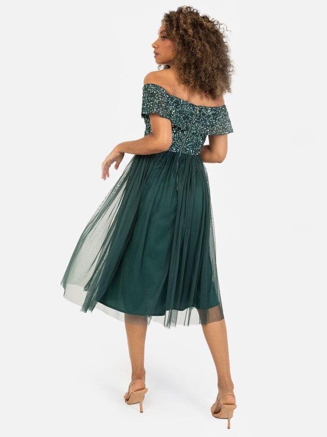 Elegant Off-Shoulder Emerald Green Tulle Midi Dress for Women
