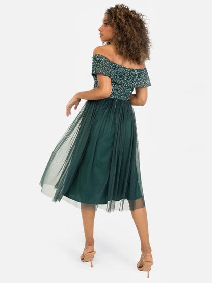 Elegant Off-Shoulder Emerald Green Tulle Midi Dress for Women