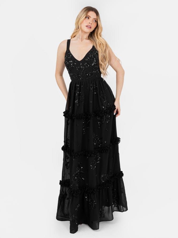Elegant Black Sequin Tiered Maxi Dress for Women – Deep V Neck Party & Evening Gown