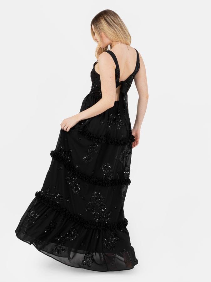 Elegant Black Sequin Tiered Maxi Dress for Women – Deep V Neck Party & Evening Gown