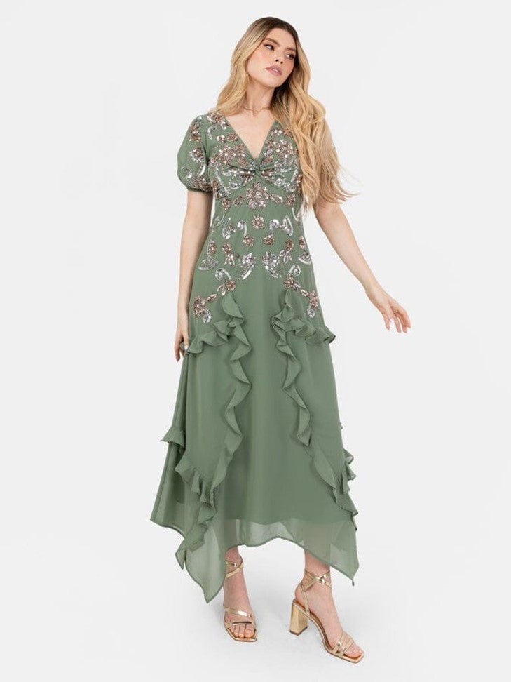 “Elegant Sage Green Embroidered Ruffle Midi Dress for Women | V-Neck Party & Occasion Wear”