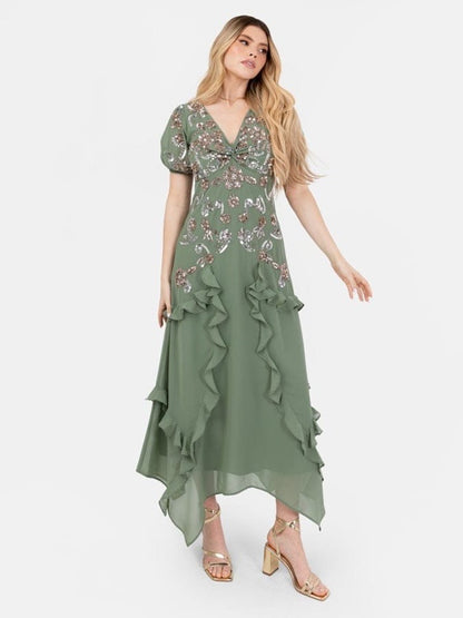 “Elegant Sage Green Embroidered Ruffle Midi Dress for Women | V-Neck Party & Occasion Wear”