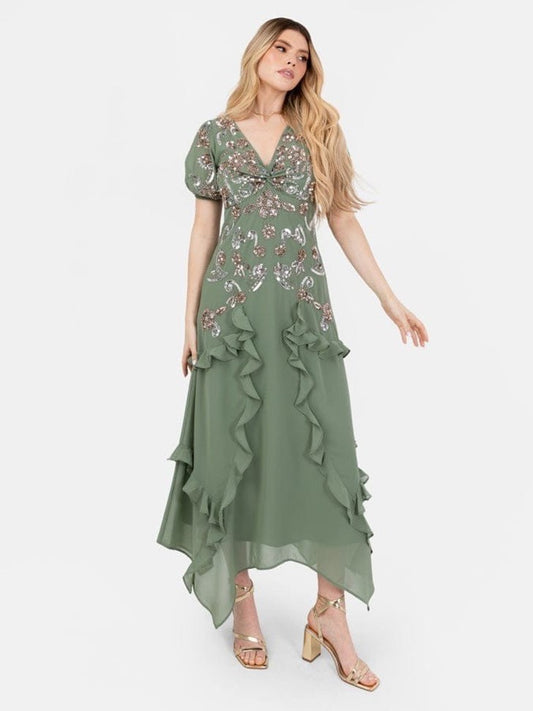“Elegant Sage Green Embroidered Ruffle Midi Dress for Women | V-Neck Party & Occasion Wear”