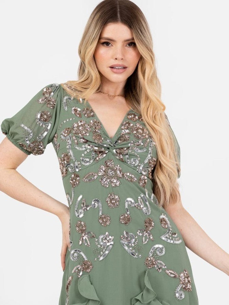 “Elegant Sage Green Embroidered Ruffle Midi Dress for Women | V-Neck Party & Occasion Wear”
