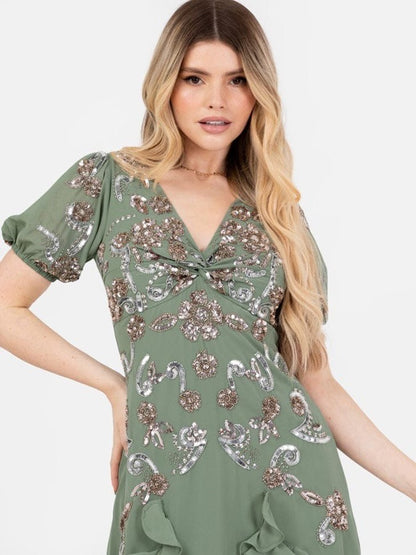 “Elegant Sage Green Embroidered Ruffle Midi Dress for Women | V-Neck Party & Occasion Wear”