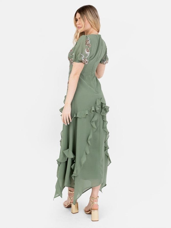 “Elegant Sage Green Embroidered Ruffle Midi Dress for Women | V-Neck Party & Occasion Wear”