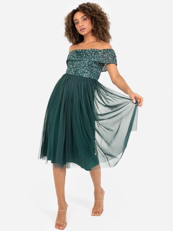 Elegant Off-Shoulder Emerald Green Tulle Midi Dress for Women
