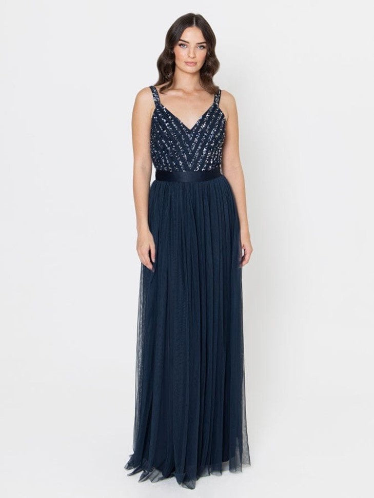 Elegant Navy Blue Sequin Bodice Maxi Dress for Women – Sleeveless V-Neck Evening Gown with Pleated Tulle Skirt
