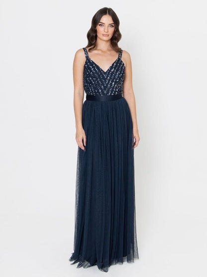 Elegant Navy Blue Sequin Bodice Maxi Dress for Women – Sleeveless V-Neck Evening Gown with Pleated Tulle Skirt