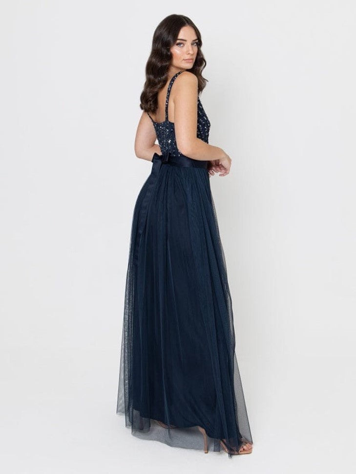 Elegant Navy Blue Sequin Bodice Maxi Dress for Women – Sleeveless V-Neck Evening Gown with Pleated Tulle Skirt