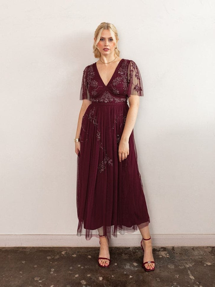 Elegant Burgundy Embroidered Midi Dress for Women – V-Neck Sheer Sleeves Party & Evening Wear