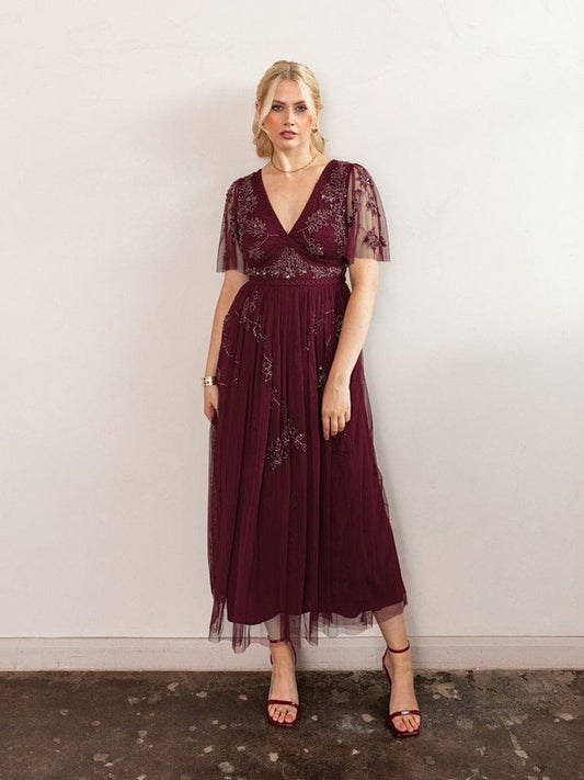 Elegant Burgundy Embroidered Midi Dress for Women – V-Neck Sheer Sleeves Party & Evening Wear