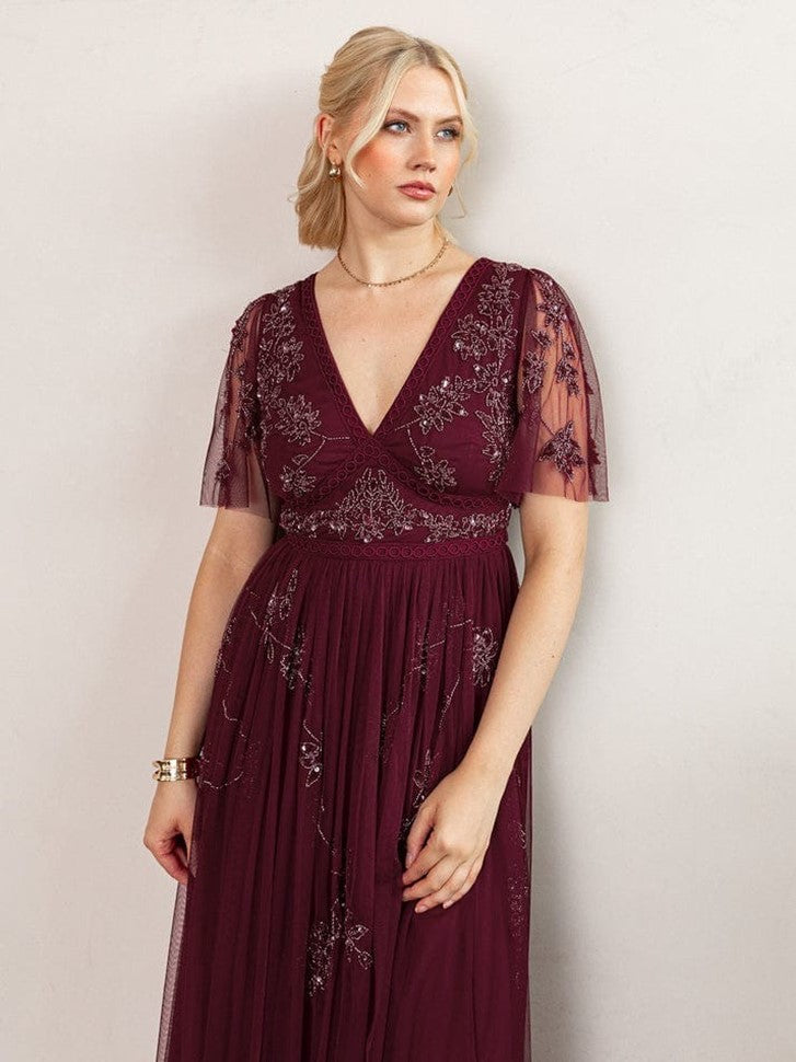 Elegant Burgundy Embroidered Midi Dress for Women – V-Neck Sheer Sleeves Party & Evening Wear