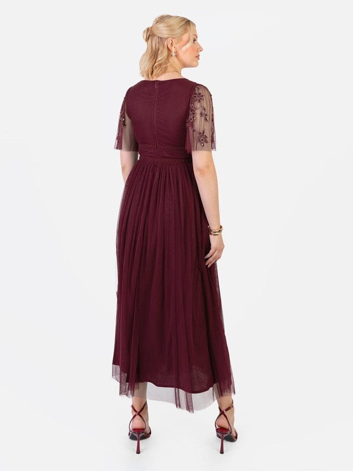 Elegant Burgundy Embroidered Midi Dress for Women – V-Neck Sheer Sleeves Party & Evening Wear