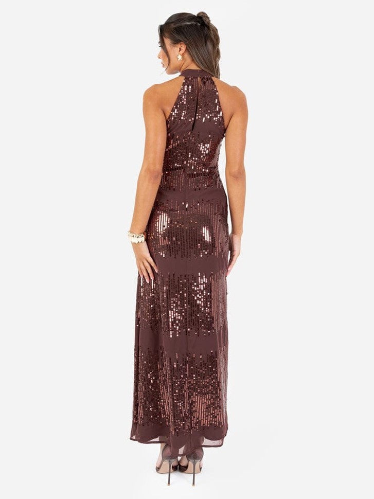 Elegant Burgundy Sequin Halter Neck Bodycon Maxi Dress for Evening & Party Wear