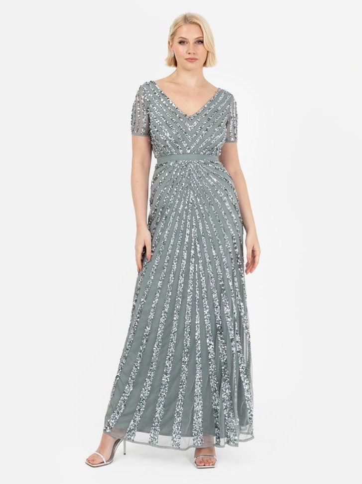 Elegant Wine Purple Sequin Embroidered Maxi Dress for Women | V-Neck Party Wear Evening Gown
