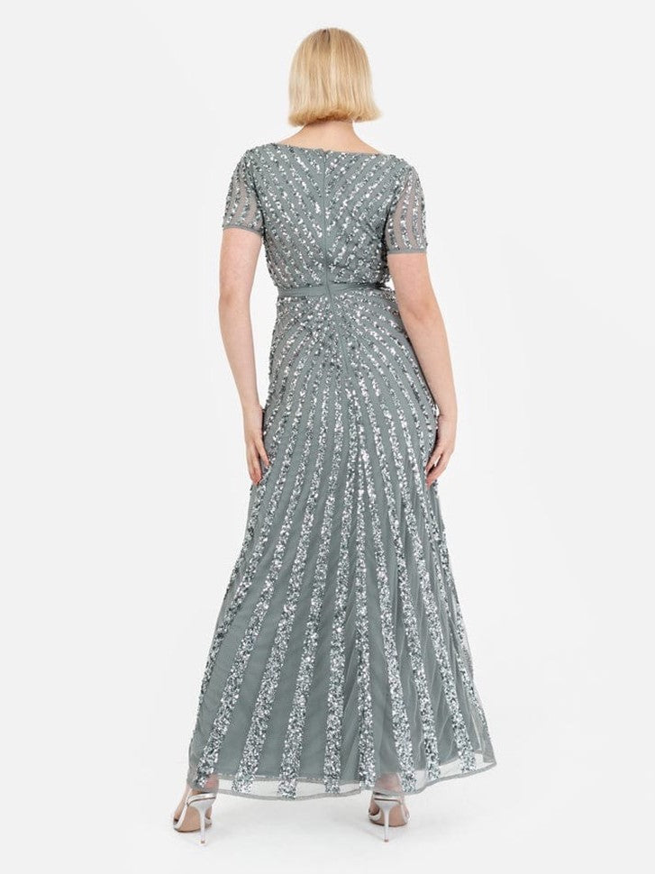 Elegant Wine Purple Sequin Embroidered Maxi Dress for Women | V-Neck Party Wear Evening Gown