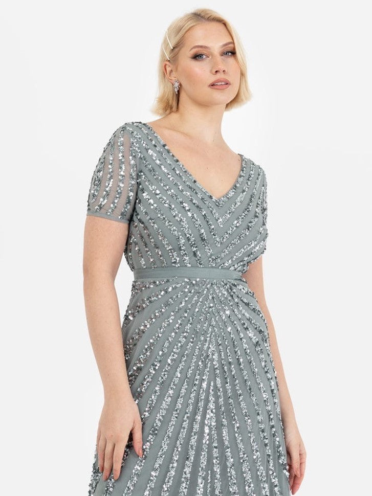 Elegant Wine Purple Sequin Embroidered Maxi Dress for Women | V-Neck Party Wear Evening Gown