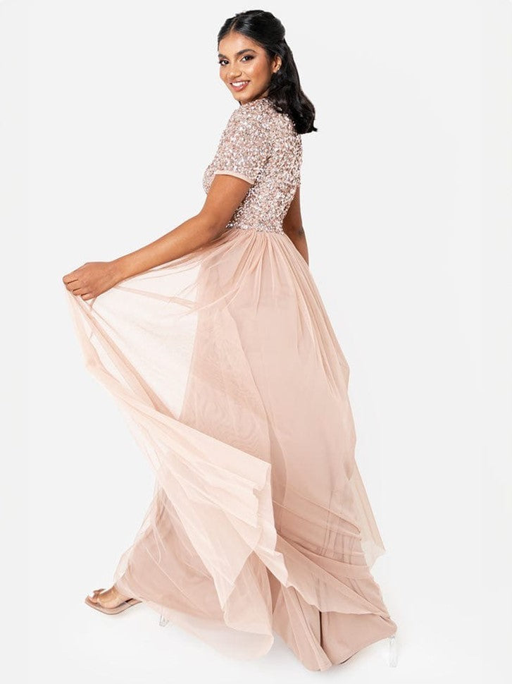 Elegant Blush Pink Sequin Bodice Tulle Maxi Gown for Women | Party & Evening Wear