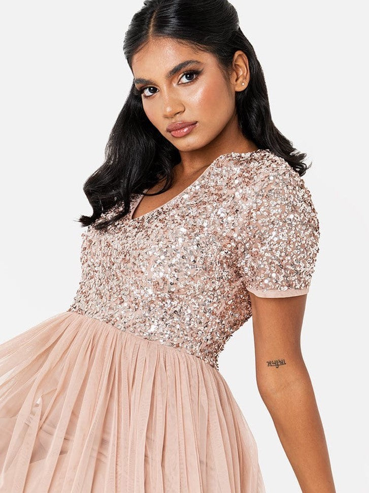 Elegant Blush Pink Sequin Bodice Tulle Maxi Gown for Women | Party & Evening Wear