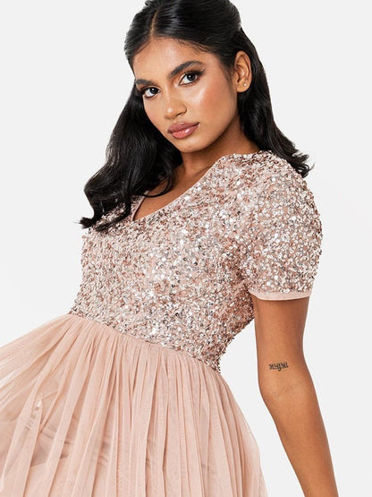 Elegant Blush Pink Sequin Bodice Tulle Maxi Gown for Women | Party & Evening Wear