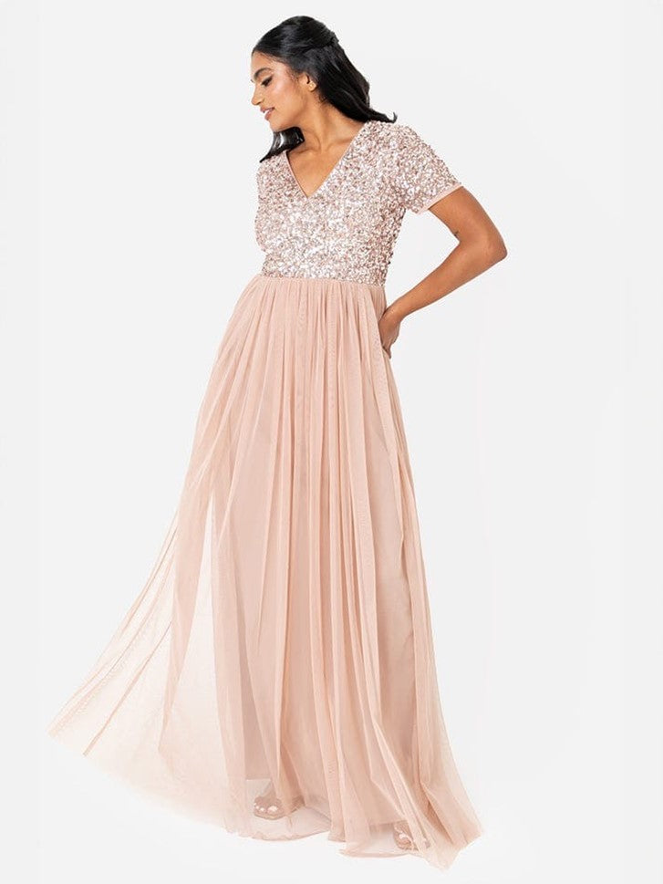 Elegant Blush Pink Sequin Bodice Tulle Maxi Gown for Women | Party & Evening Wear